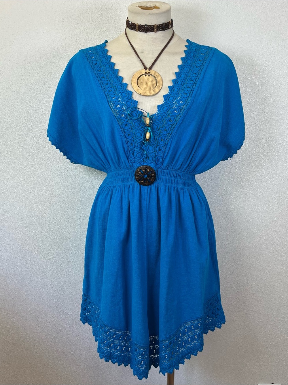 Vibrant Blue Lace-Trim V-Neck Dress